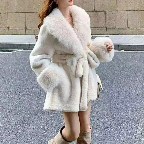 White Casual Women's Long Sleeve Faux Fur Collar Tie-Waist Faux Fur Jacket - Picture 3 of 6